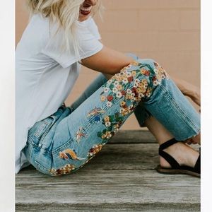 Free People Floral Embroidered Girlfriend Jeans